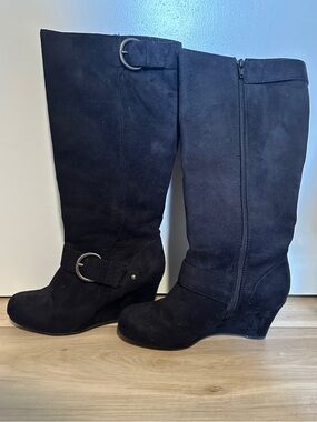 Apostrophe Black Suede Wedge Boots with Buckles